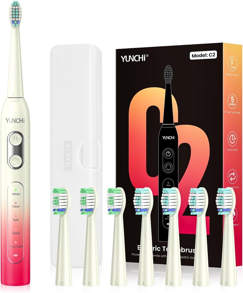 YUNCHI Electric Toothbrush Birthday/Valentine Plastic 8 Dupont Heads 24-Mo Deep Cleans Gentle Gums Removes Stains 3Hr USB-C 90d 2-Min Timer/30s IPX7 - Yellow Red - Image 1